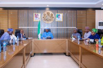 Senator George Akume and RMAFC Chairman Dr Mohammed Bello Shehu in meeting discussing Nigeria’s revenue allocation reforms in Abuja.