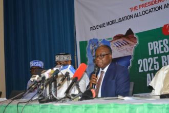 RMAFC Chairman addressing press conference at Shehu Musa Yar’Adua Centre regarding Nigeria’s revenue allocation formula review
