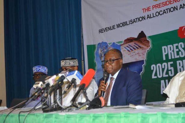 RMAFC Chairman addressing press conference at Shehu Musa Yar’Adua Centre regarding Nigeria’s revenue allocation formula review
