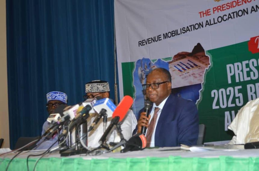 RMAFC Chairman addressing press conference at Shehu Musa Yar’Adua Centre regarding Nigeria’s revenue allocation formula review