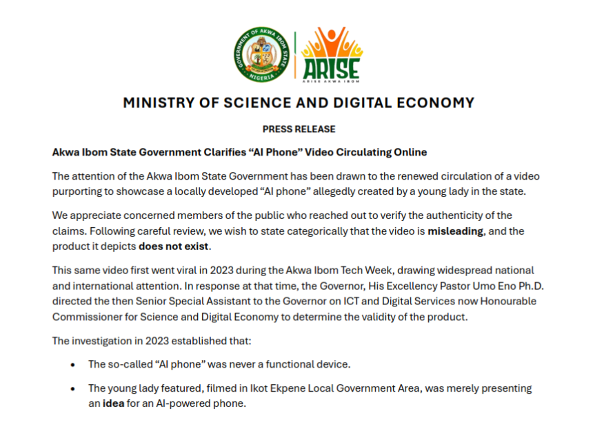 Akwa Ibom State Government Clarifies “AI Phone” Video Circulating Online The attention